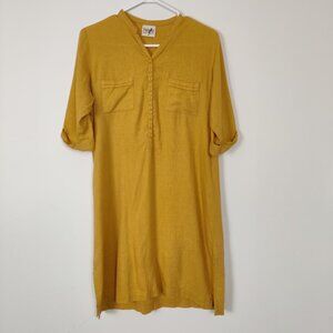 Tropic of Linen Mustard Yellow Linen Shirt Dress Size 12 Bohemian Hippie